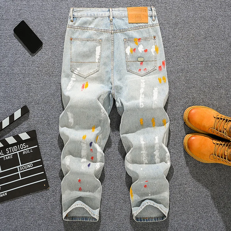 

Spring and summer loose straight leg jeans for men, splashed ink dot paint print, fashionable distressed patch, wide leg pants