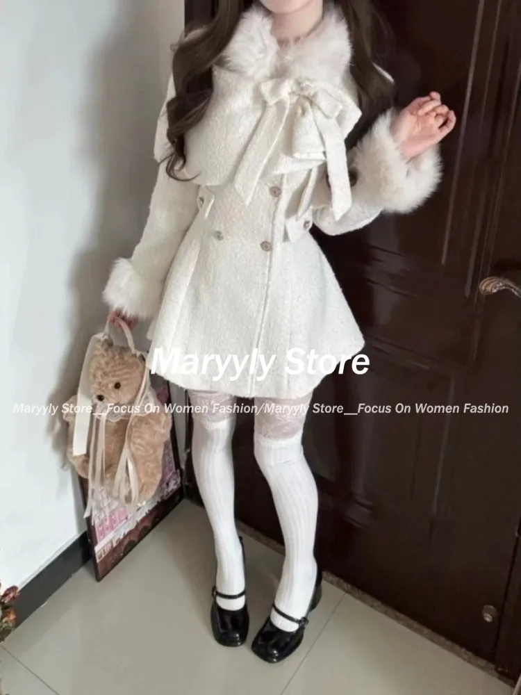 Winter French Elegant Women Outfits Sweet Casual Fur Bow Cape Female + Fashion Chic Long Sleeve Slim Mini Dress 2 Piece Set New