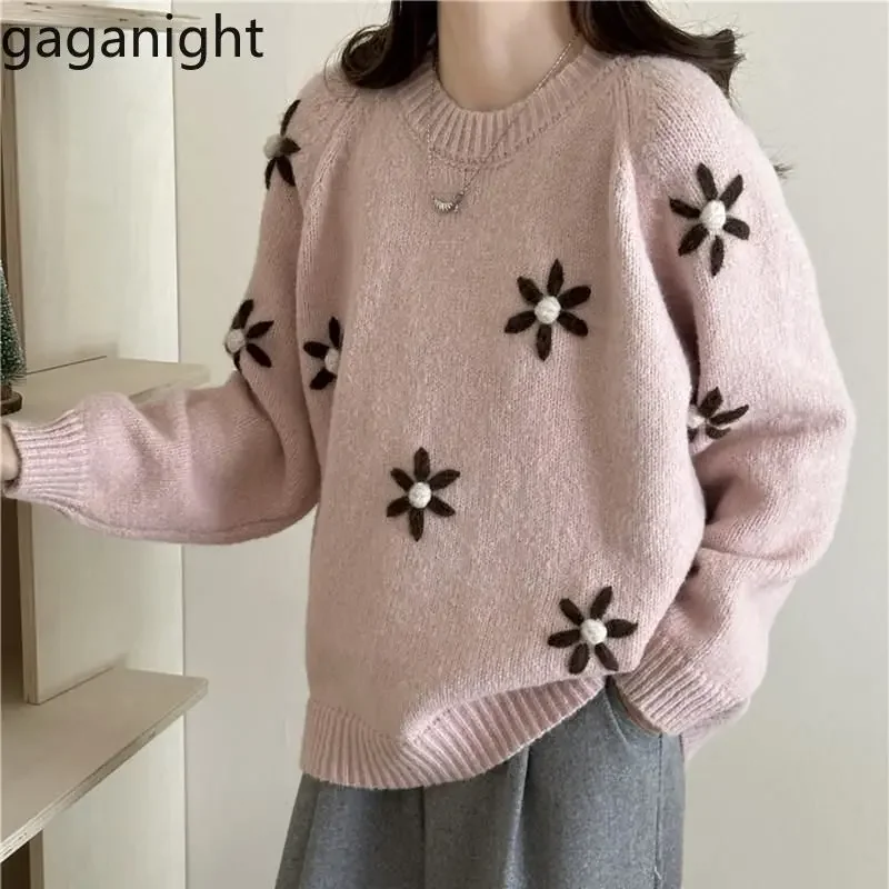 Gaganight Women Forest College Handmade Flower Embroidery Hoodie Sweater 2024 Autumn Winter New Korean Loose Casual Knitted Top