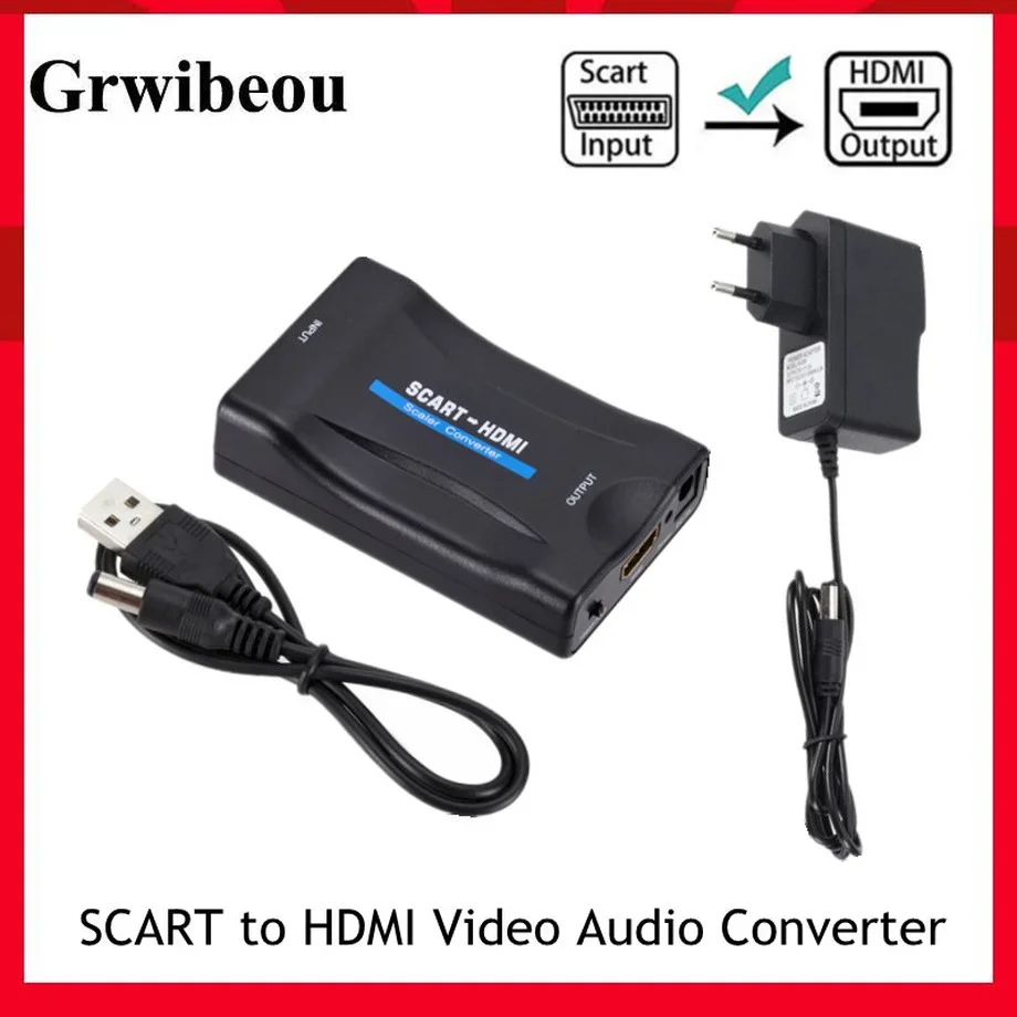 1080P SCART to HDMI-compatible Video Audio Upscale Converter Adapter for HDTV Sky Box Plug Play DC Cables for TV DVD-compatible