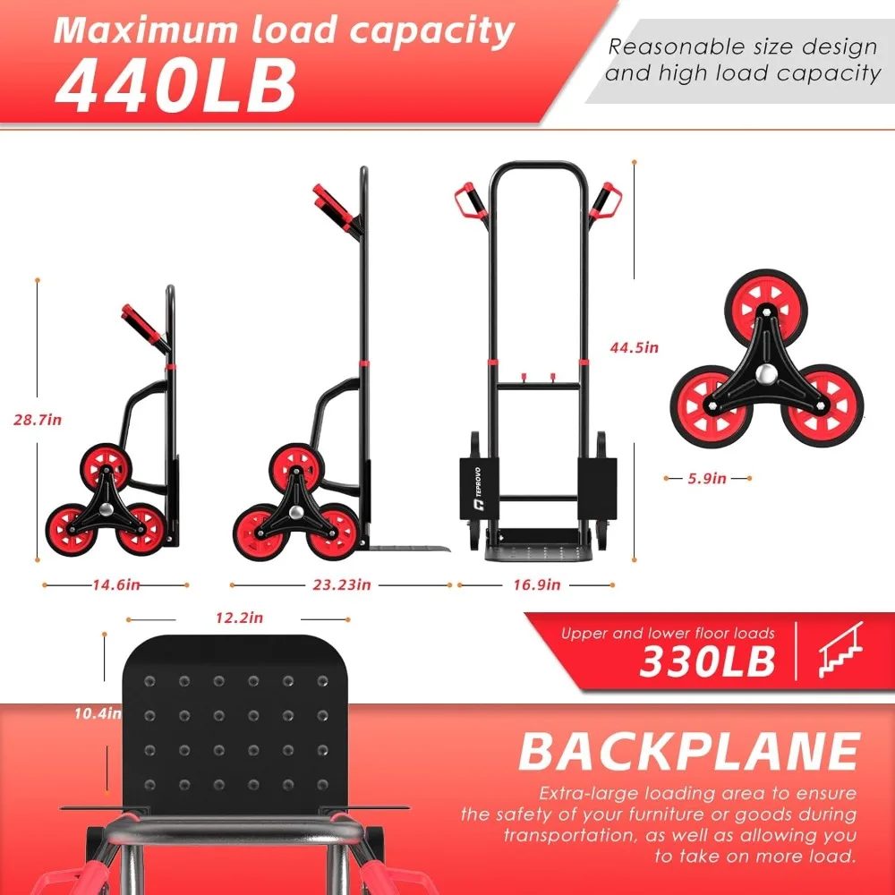 Stair Climbing Hand Truck 440lb，Heavy Duty Dolly Cart for Stairs，Thickened Upgraded Steel Tube Folding Stair Climbing Trolley