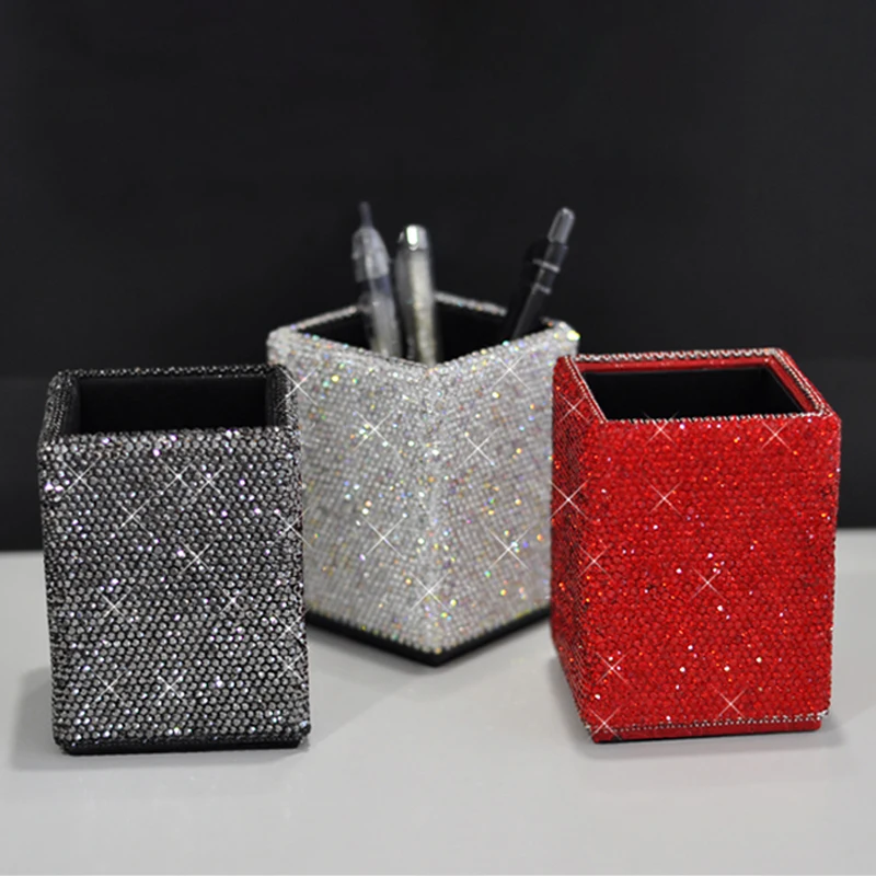 Display Stand Comb Brush Cosmetic Shiny Rhinestone Pen Holder Stationery Storage Box Pen Holder Home Office Gift Round Square