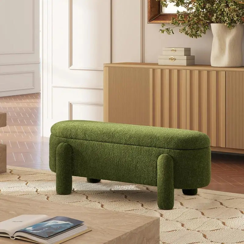 

49" Oval Upholstered Storage Bench in Moss Green Boucle Fabric