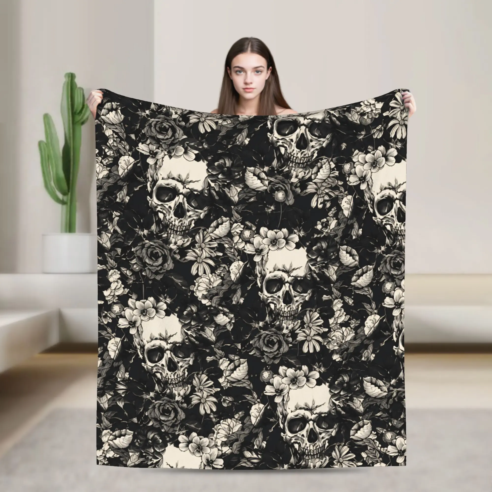 Halloween Skulls And Flowers Gothic Goth Blanket Super Cozy  Throw Blankets for Couch 50x60 Inch Multiple Sizes Plush Thin Quilt
