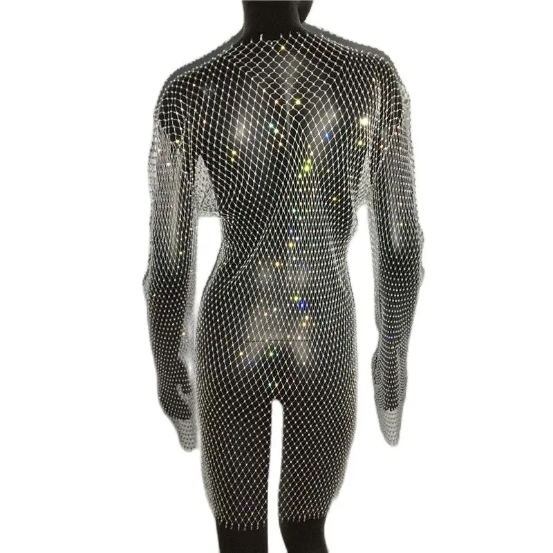 Summer Sexy Sequin Mesh Patchwork Dress Women Crochet Hollow Out Rhinestone Long Sleeve Party Club See Through Wrap Mini Dresses