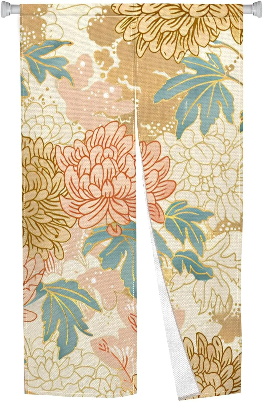 apanese Chrysanthemum Door Curtain, Beige Background Gold & Coral Chrysanthemum Print, Elegant Oriental Decor Room Divider