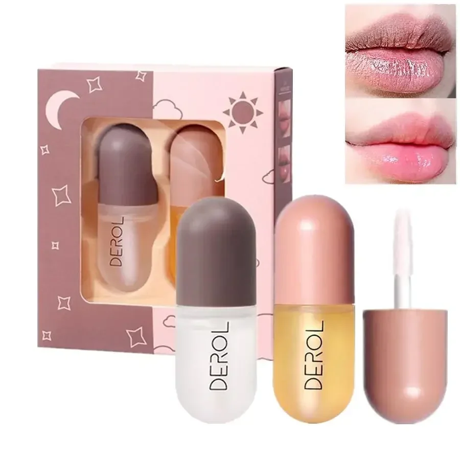 Heallor-DEROL Lip Plumper Kit día y noche, voluminoso instantáneo, labios, Aceite hidratante, reparación, Reduce las líneas finas de los labios, Cosmet