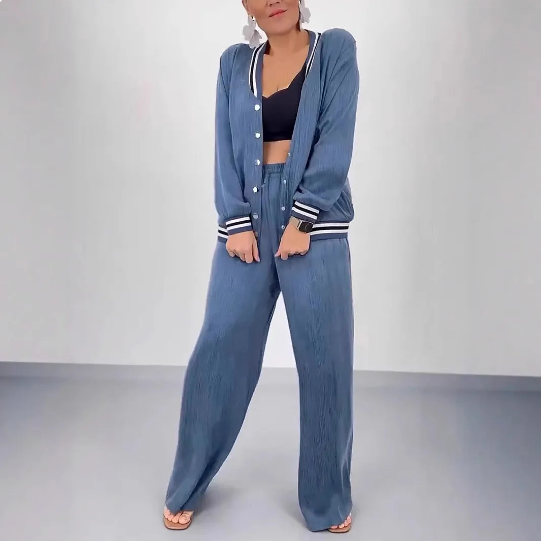 Casual Matching Set Women Round Neck Cardigan Top Wide Leg Pants Jumpsuit Suits Spring Summer