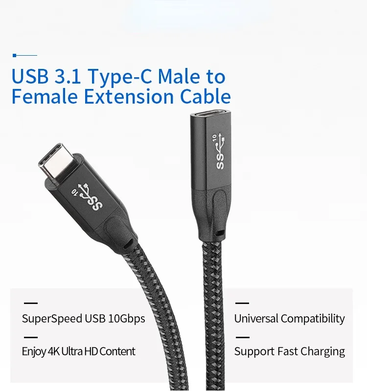 USB3.1 Type C Gen2 Extension Cable 1FT 2FT 10Gbps USB-C 3.1 Male To Female PD Fast Charge Adapter Cable 4K Video PC Phone U Disk