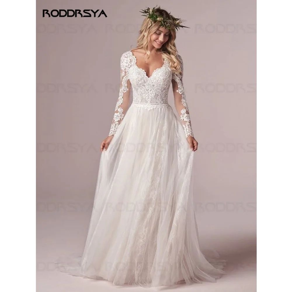 RODDRSYA A سلسلة أكمام طويلة فستان الزفاف فستان العروس 2022 رفيع الشاش العاج Vestido De Novia الظهر اللوحيRODDRSYA A Line فساتين زفاف بأكمام طويلة دانتيل فساتين زفاف 2022 تول عاجي فيستدو دي نوفيا ظهر مفتوح