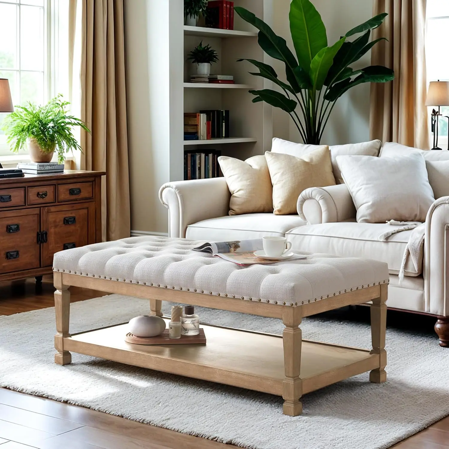 

48" Coffee Tables for Living Room, Oversized Storage Ottoman Coffee Table, Fabric Tufted Ottomans, Upholstered Storage Ottoman B