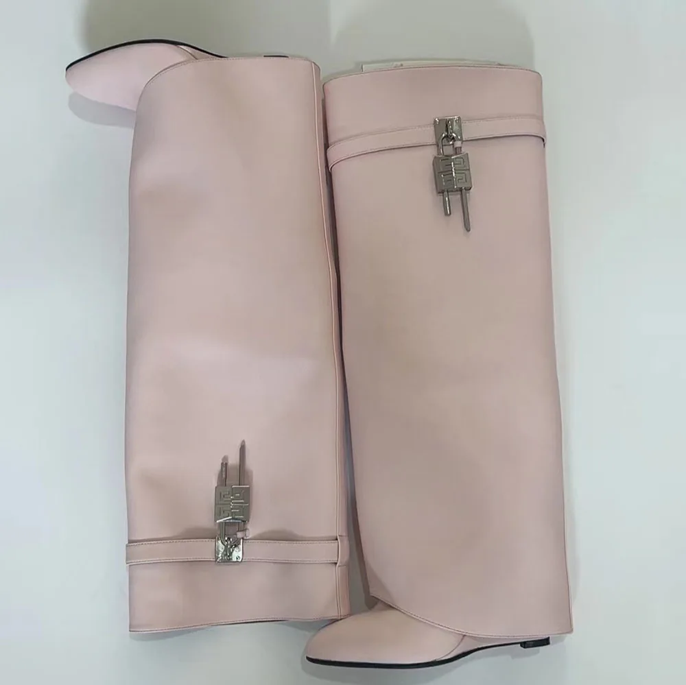 New Style Wide Barrel Foldable Shark Boots Almond Toe Ladies High Heeled Knee High Boots Trendy Large Size Women's Shoes