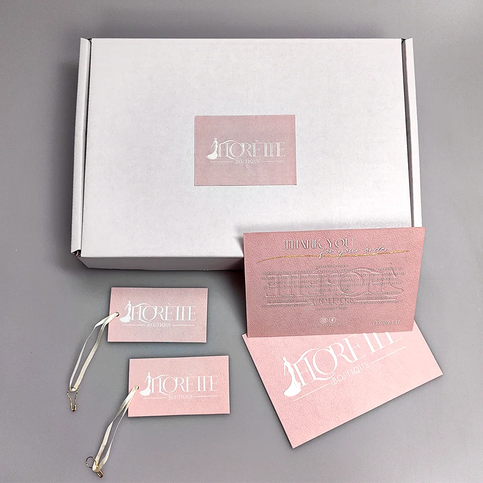 

Custom Luxury Wedding Dress Swing Tags Garment Logo Hangtags Recycled Paper Thank Card Service Card Stickers Labels Gift Boxes