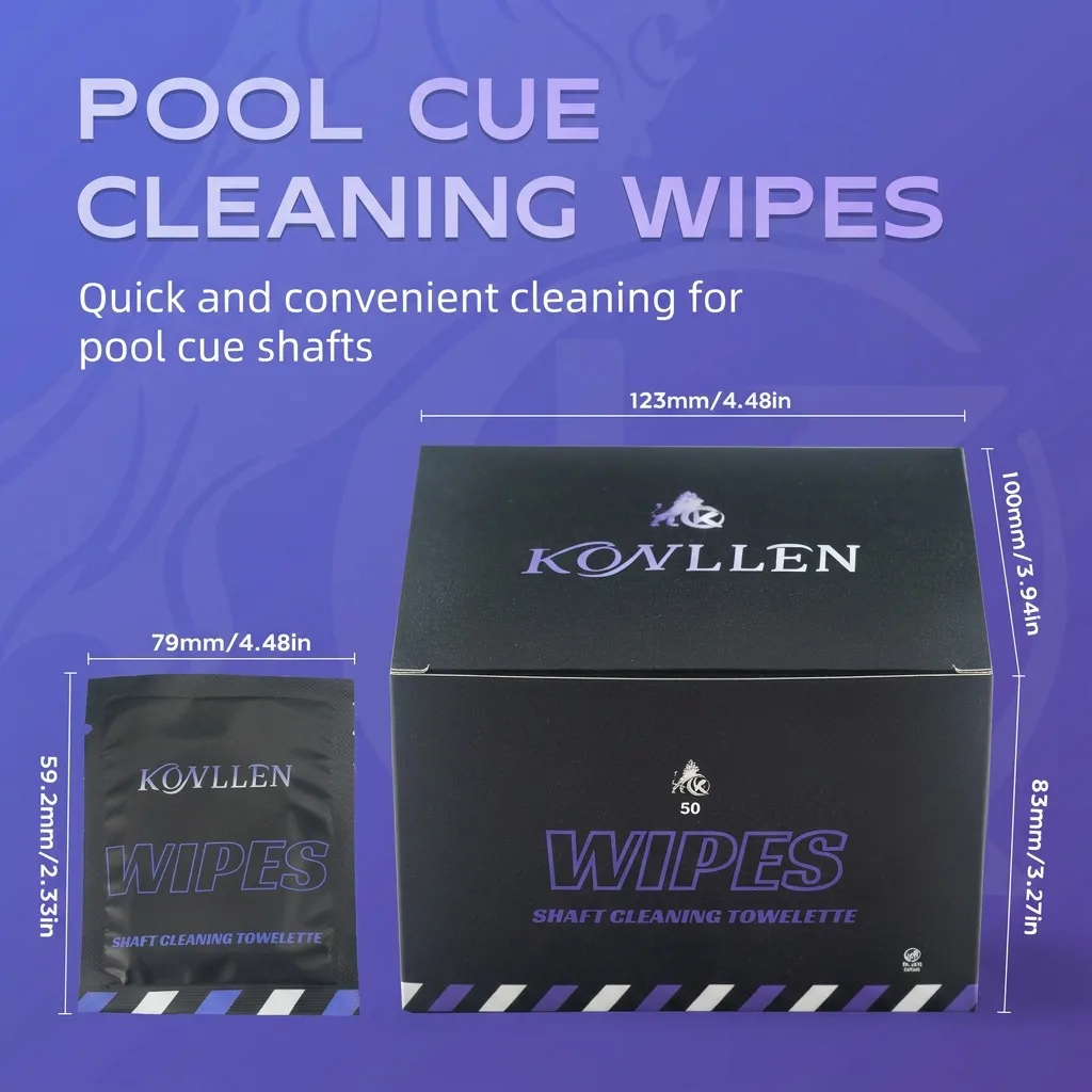 KONLLEN Carbon Fiber Pool Cue Shaft Cleaning Wipes, 50 Count Individually Wrapped Pre-Moistened Towelettes | Quick & Easy Mainte