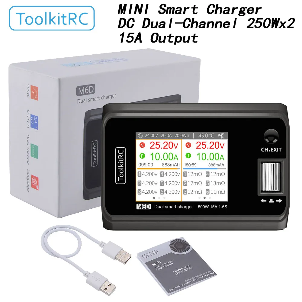 ToolkitRC M6D 500W 15A DC デュアルチャンネルスマート充電器/放電器 2.4インチ 1-6S Lipoバッテリー FPVドローンモデル用スペアパーツ交換