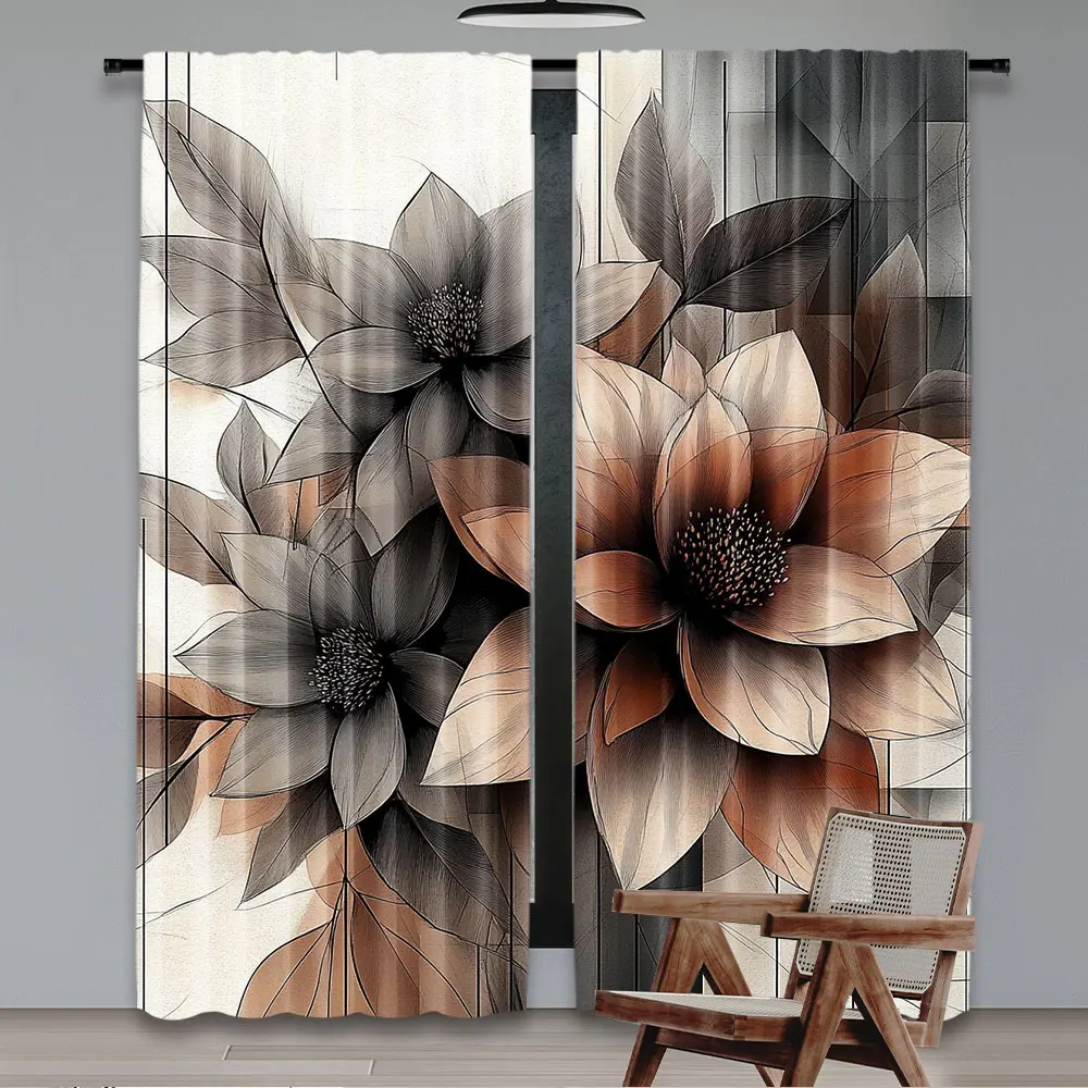 2Pcs Floral Curtain Modern Boho Concept Simplistic Effect Flowers And Leaves Suitable For Bedroom Bathroom Living Room