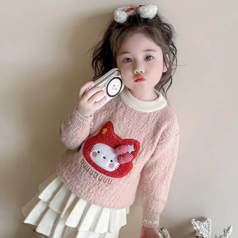 

Girl's Hello Kitty Kawaii Anime Sweater Autumn Winter 2025 New Cartoon Fashion Children Sweet Tops Thickened Warm Soft Clothing
