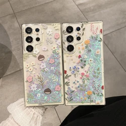Liquid Glitter Phone Case For Samsung Galaxy S25 Plus S24 Ultra S23 Bling Quicksand Flower Clear Cover
