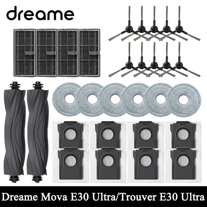Accessoires pour aspirateur robot Dreame Mova E30 Ultra : brosse principale, brosse latérale, chiffon de nettoyage, filtre HEPA, sac à poussière, pièces de rechange