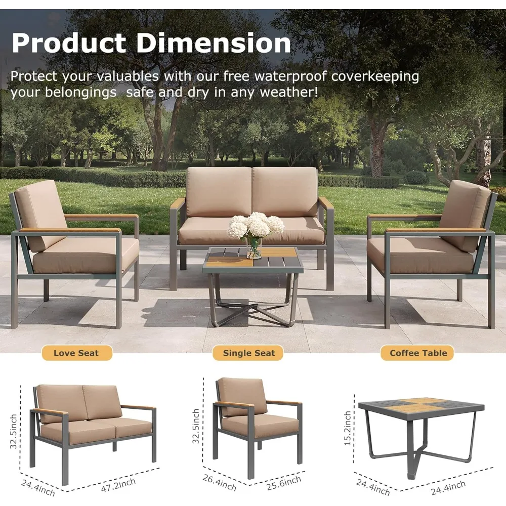 4-Piece Outdoor Patio Furniture Set, Metal Conversation Set with Cushions & Wood-Like Armrests, Modern Patio Sectional image 3