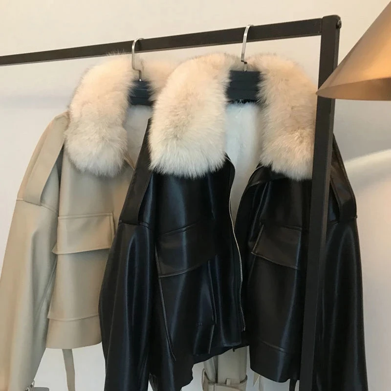 New Chic Autumn Winter Detachable Faux Mink Fur Collar PU Bomber Jacket Plus Velvet Thick Trench Coat Faux Leather Zipper Jacket