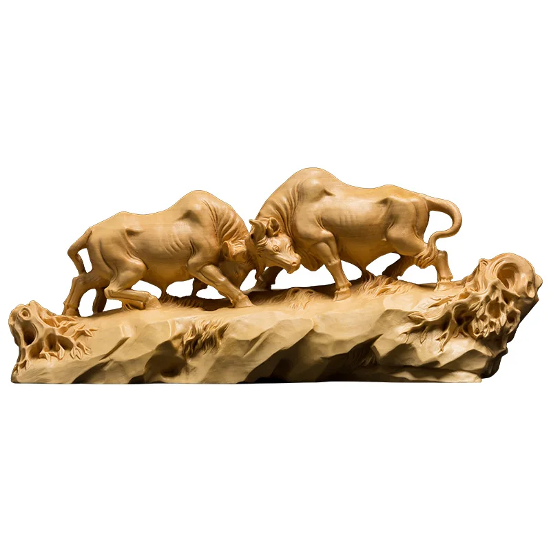 XS186-18/25CM Hand Carved Boxwood Carving Figurine Animal Statue Home Decor -Feng Shui Two bulls in a bullfight Sculpture