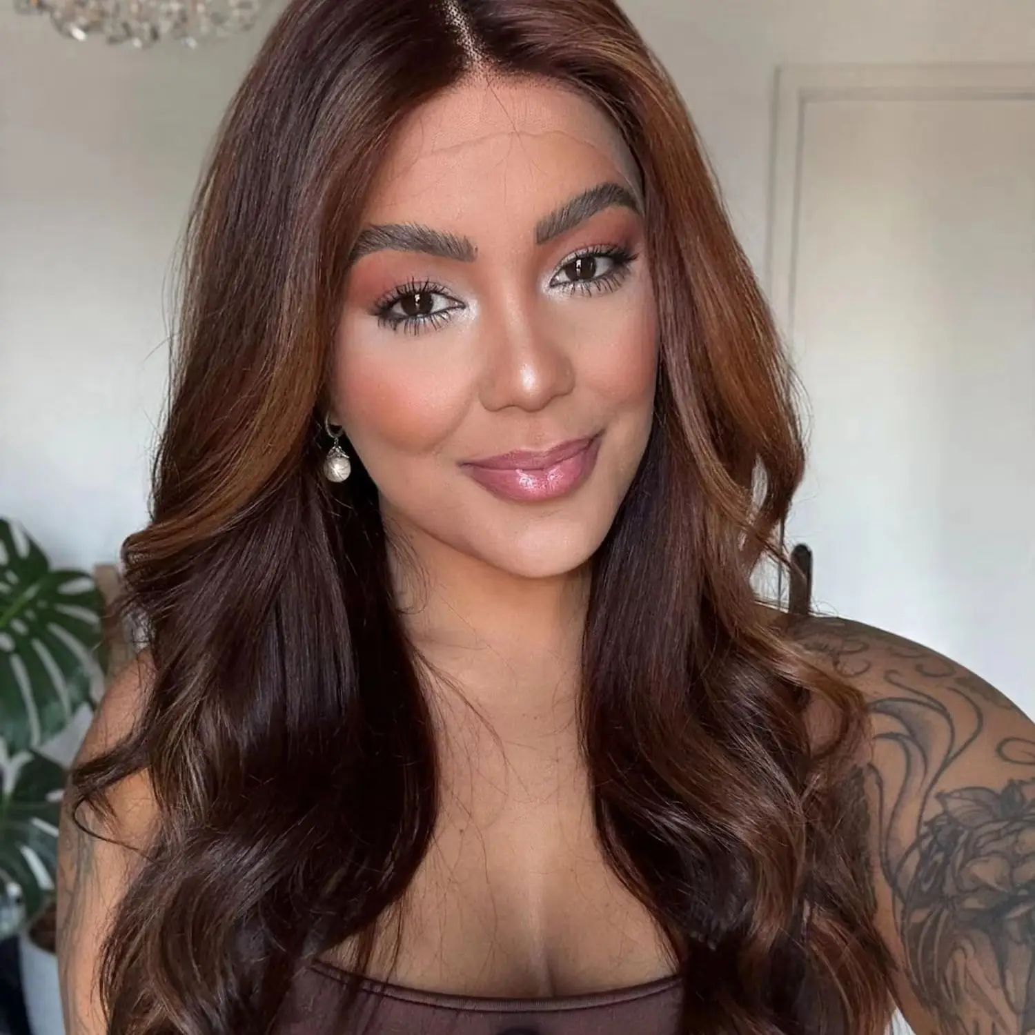 22 Inches Loose Wave Warm Brown Synthetic Lace Frontal Wigs Medium Length Middle Parting Premium Fibre Pre Plucked Hairline Hair