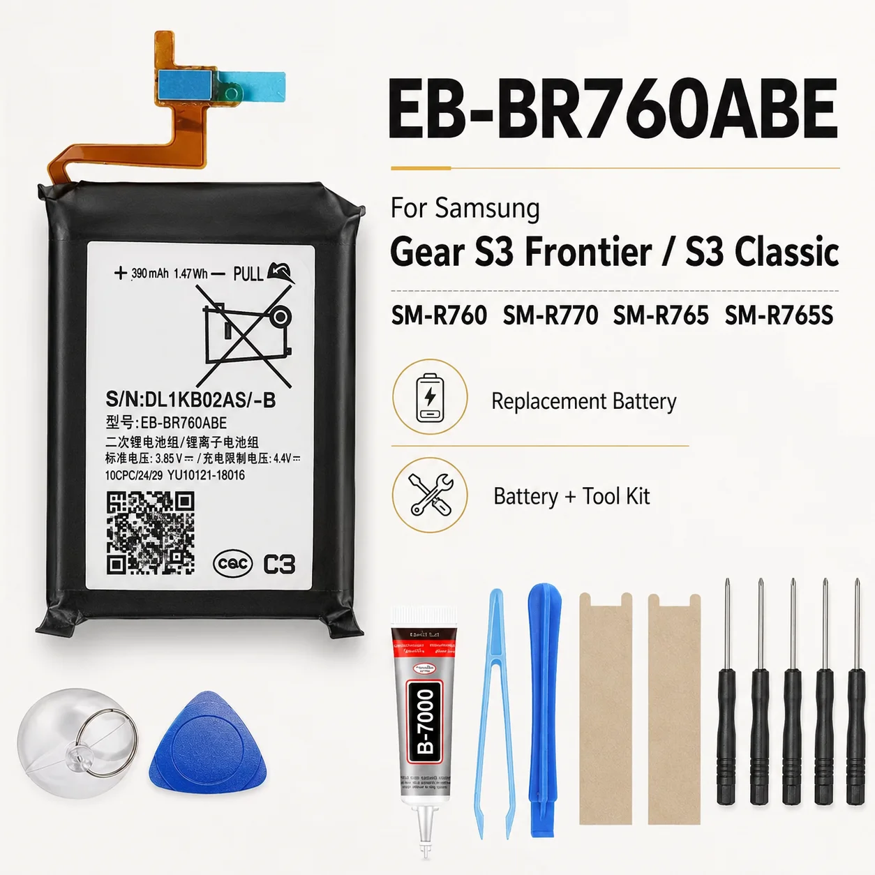 380mAh EB-BR760A Battery For Samsung Gear S3 Classic Frontier SM-R760 R770 R765 R765S Smart Watch Repair Free Repair Tools
