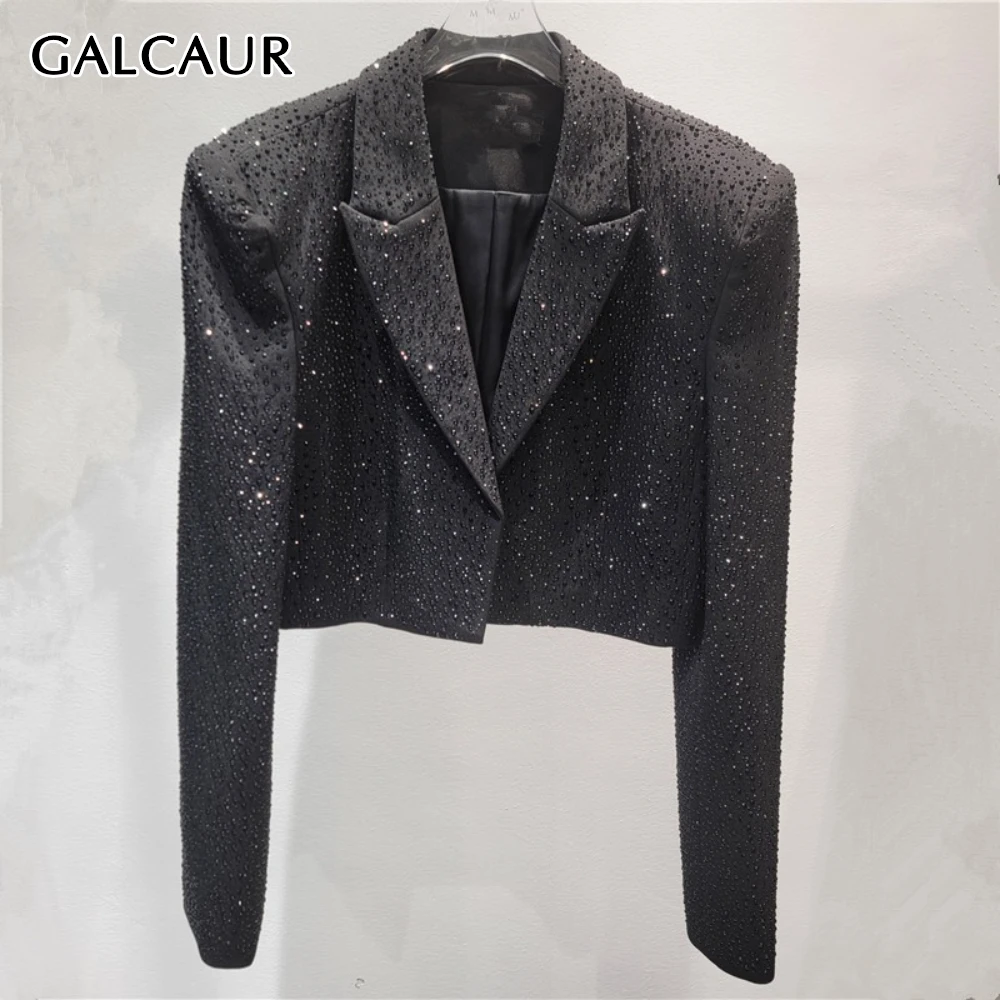 

GALCAUR Black Spliced Diamond Basics Jacket Female Lapel Long Sleeve Slimming High Street Women's Jackets Summer Style Fashion