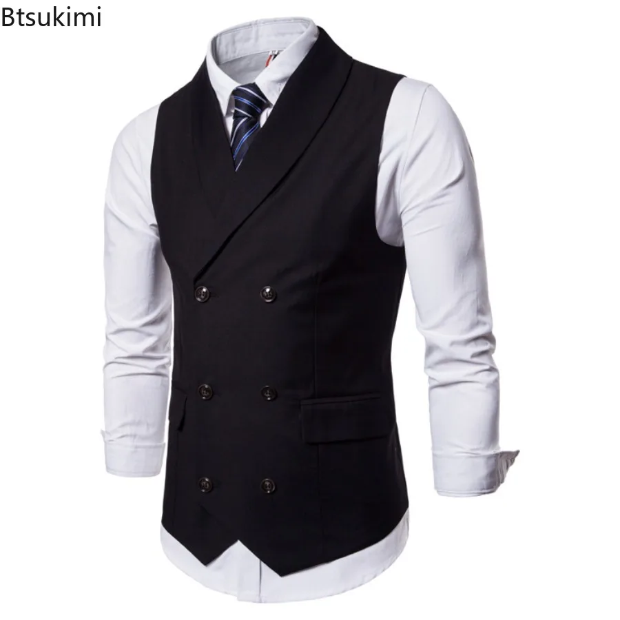 Rompi Jas Pria Kelas Atas Mode Warna Solid Rompi Gaun Desain Kancing Dua Baris Rompi Formal Ramping Pria Jaket Rompi Tanpa Lengan