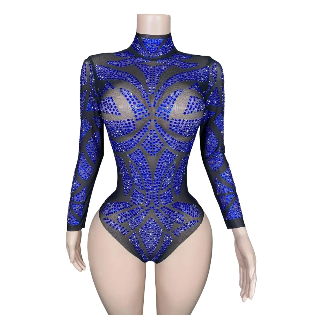 

Blue Rhinestone Body Suits For Women Sparkle Stretch Drag Queen Costume Singer Dancer DJ Stage Wear Rave Festival Bodysuits