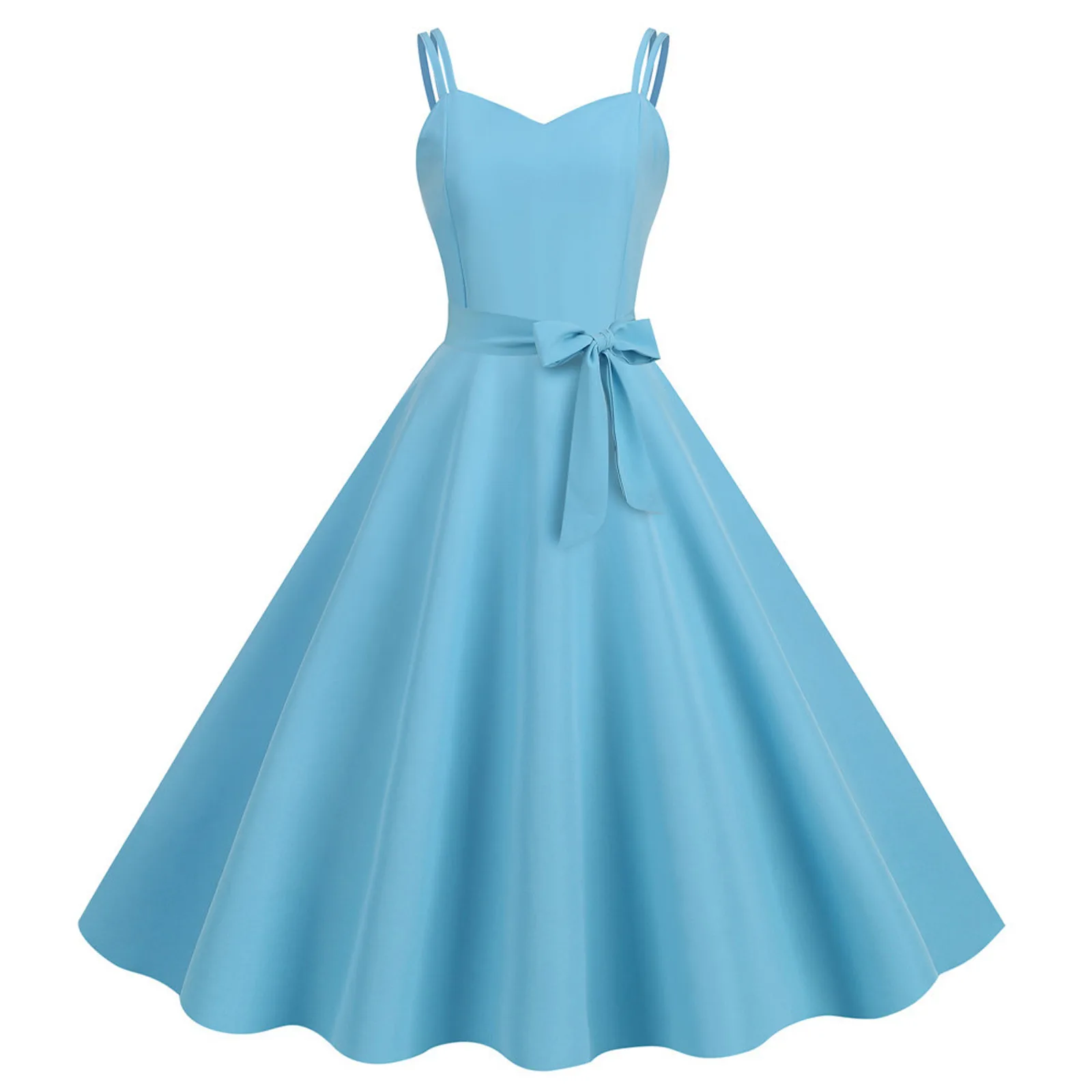 Vestido Midi com cinta de espaguete formal feminino, robe feminino, convidada do casamento, linha A, bainha grande, monocromático, nó de laço, zíper traseiro, vestido elegante