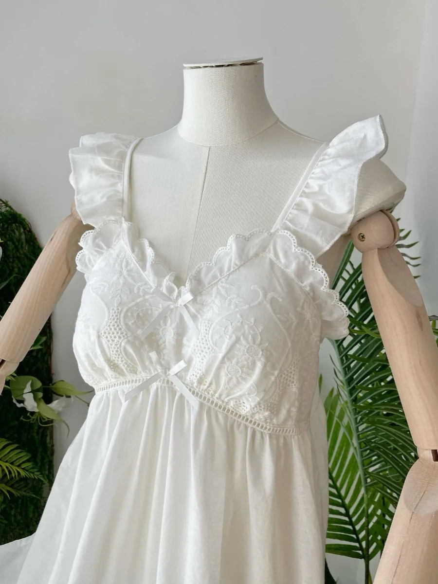 2025 Summer New Cotton Embroidered Fungus Edge Suspender Nightdress Women's Lace Court Princess Style Pajamas