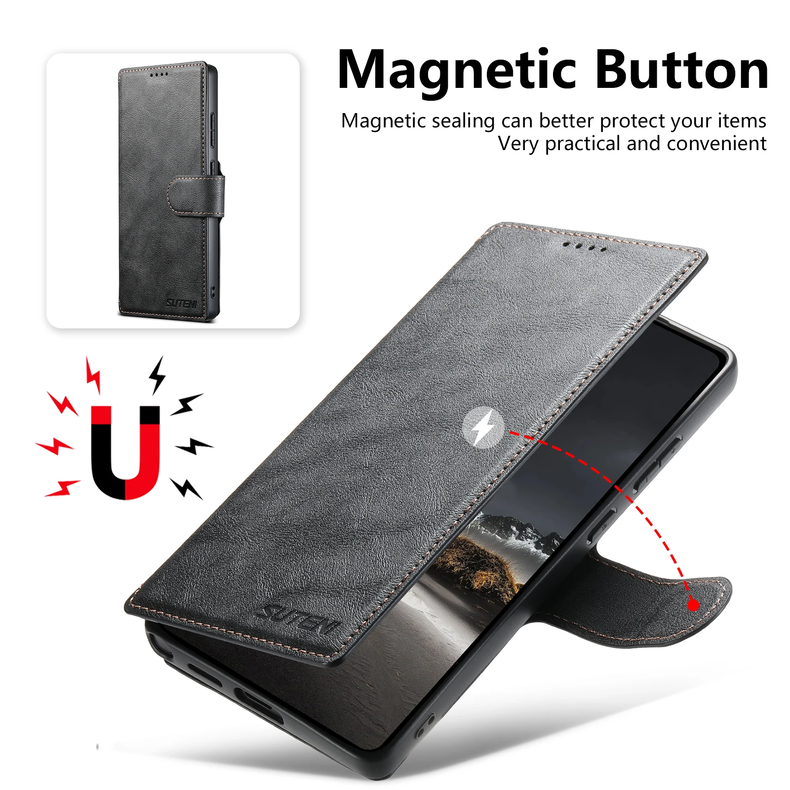 SUTENI PU Leder Drahtlose Lade Karte Halter Stehen Brieftasche Magnetische Flip-Cover Telefon Fall Für Samsung Galaxy S25 Ultra S24 S23 – Detail 14
