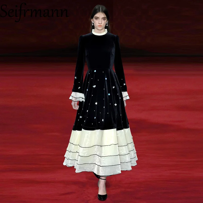 Seifrmann 2026 printemps femmes nouvelle mode col rond à manches longues clou perle tridimensionnelle fleur robe scintillante ﻿