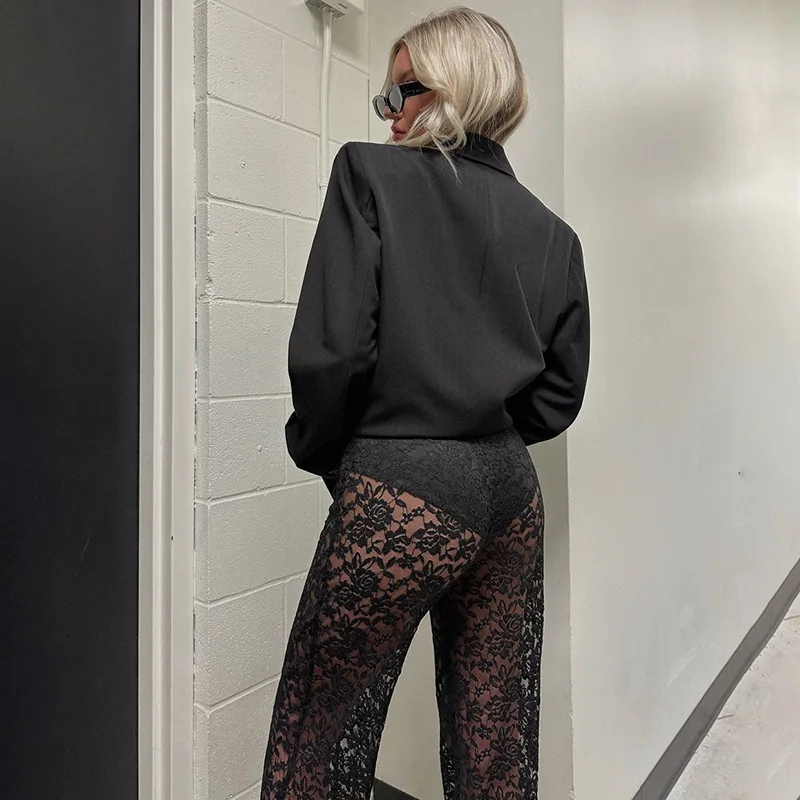 

High Waist Sexy Women Sheer Lace Floral Pants Transparent Gothic Wide Leg Flare Pants Lady Bell-Bottoms Trousers Club Streetwear
