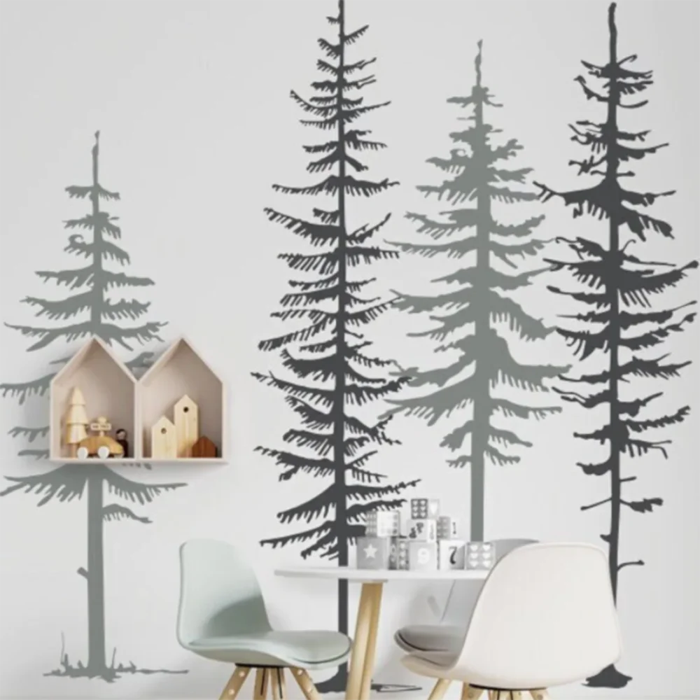 4Pcs Pine Trees Wall Sticker Living Room Bedroom Jungle Forest Tree Safari Wall Decal Playroom Vinyl Home Decor