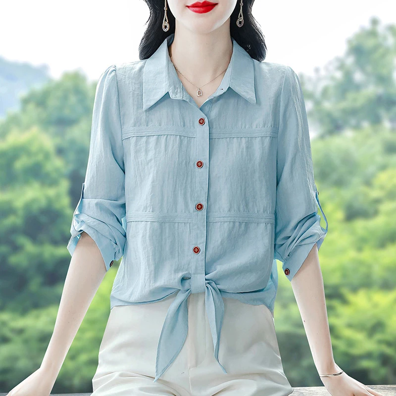 

Hot Sale Rolled Long Sleeve Shirt Women Four Seasons Single-Breasted Blue Shirts with a knot and tie at the hem Stylish OL Tops