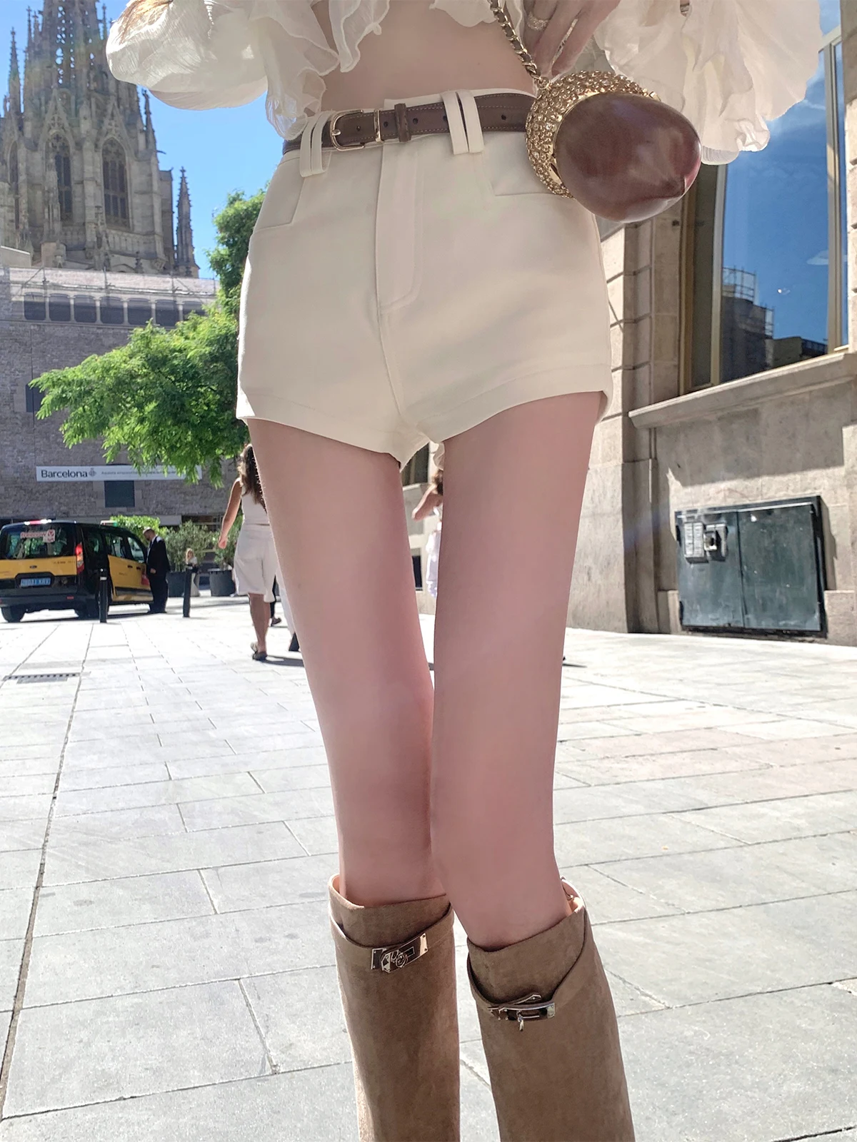 Lanlan's Wardrobe Casual Tailored Shorts with Belt High Waist Button Closure Polyester Spandex Blend Neutral Style Pure Color