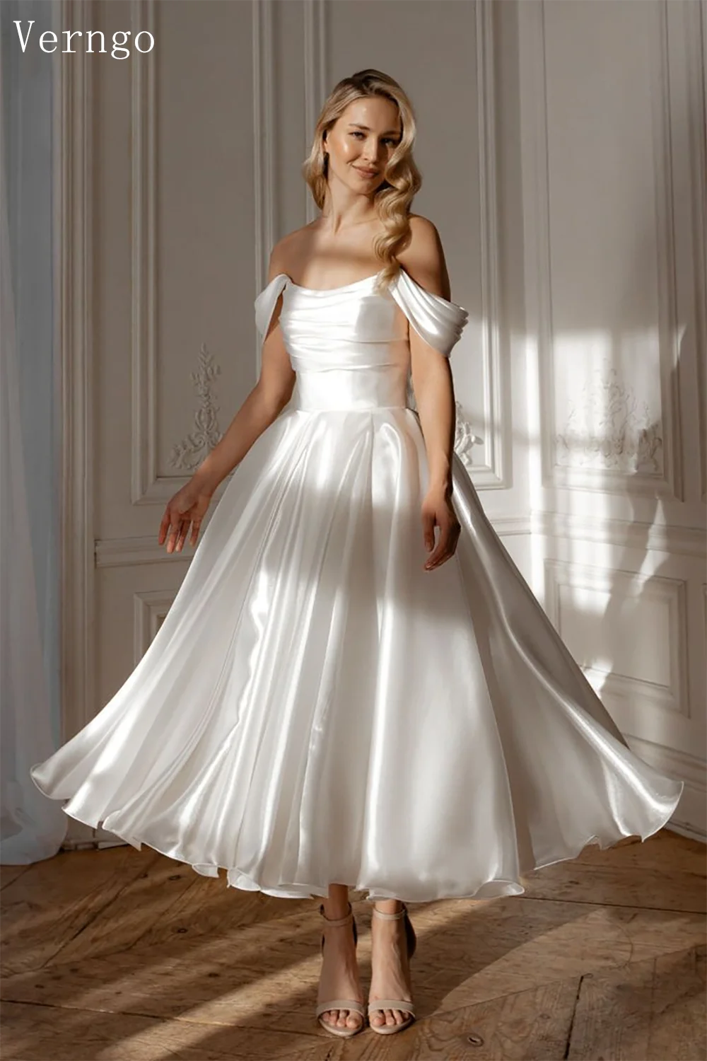 Verngo lvory Satin Wedding Dress Off The Shoulder A Line Bridal Gowns Women Elegant Ankle Bride Dresses Customized