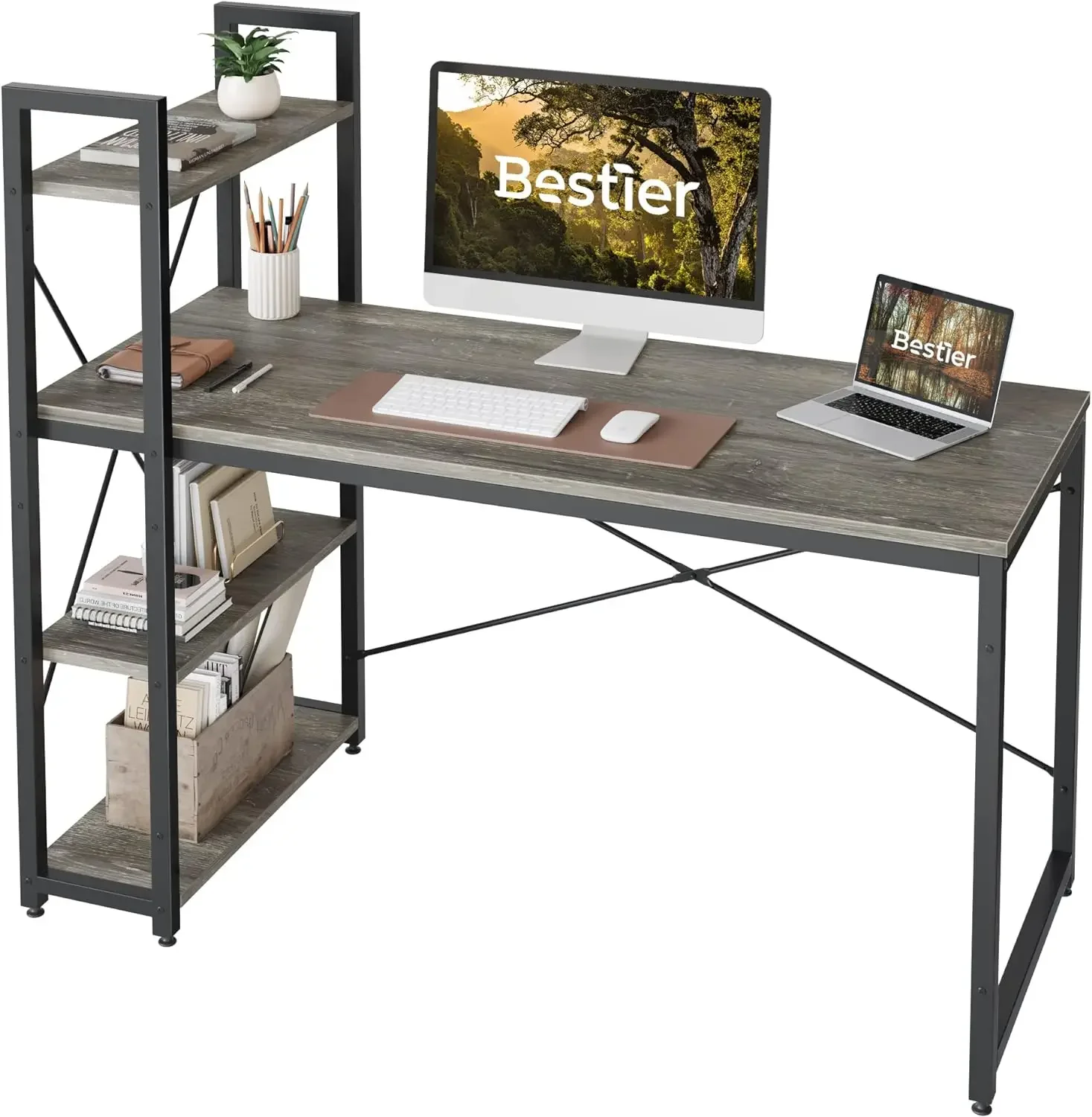 

Computer Desk with Storage Shelves - 55 Inch Home Office Desks with Reversible Bookshelf - Plenty Leg Room and Easy Assemble