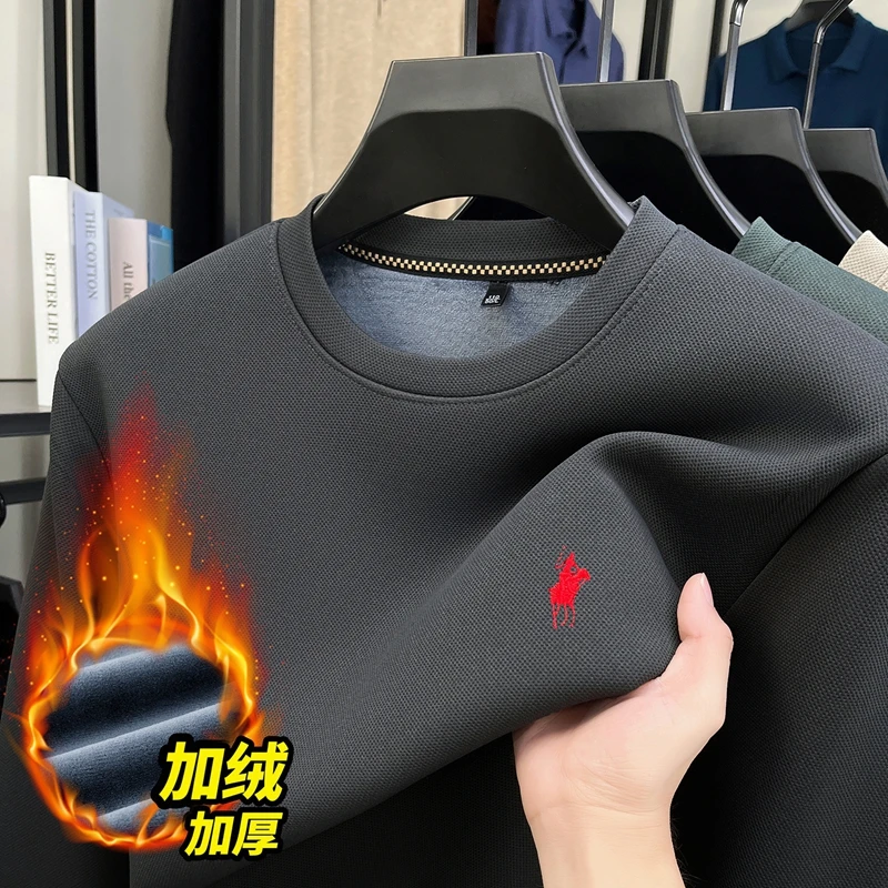 

Новая осенне-зимняя мужская толстовка с толстым бархатом и теплая футболка с длинными рукавами и круглым вырезом, однотонный топ для мужской моды
