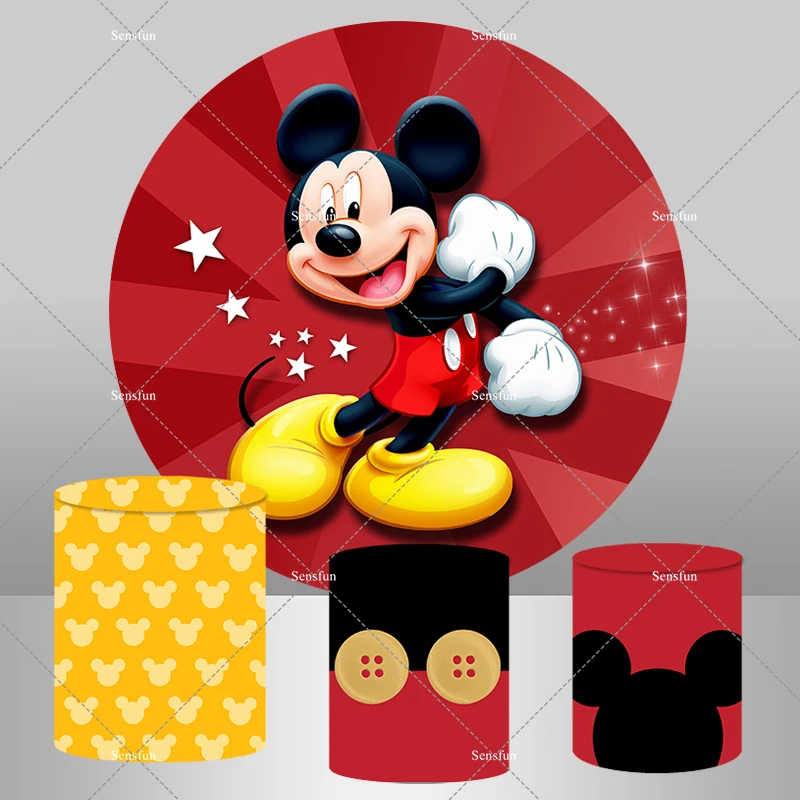 Red Yellow Theme Mickey Round Backdrop Boys Birthday Party Photography Backgrounds For Photo Studio Cylinder Covers