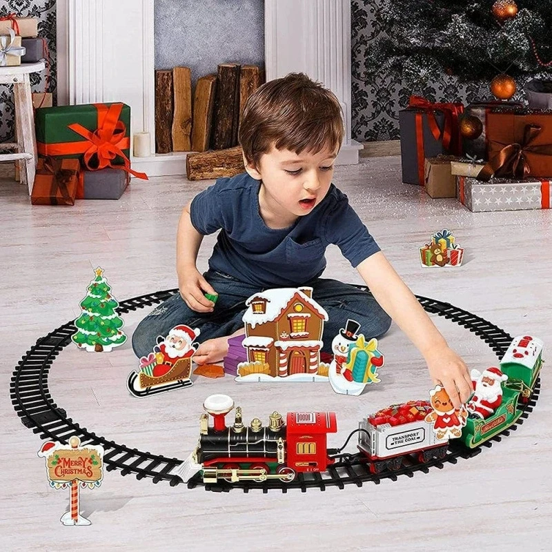Nuovo treno ferroviario a batteria con suono e luce, giocattoli per auto ferroviarie, treno di Natale, decorazione per albero, pista, giocattoli elettrici per bambini