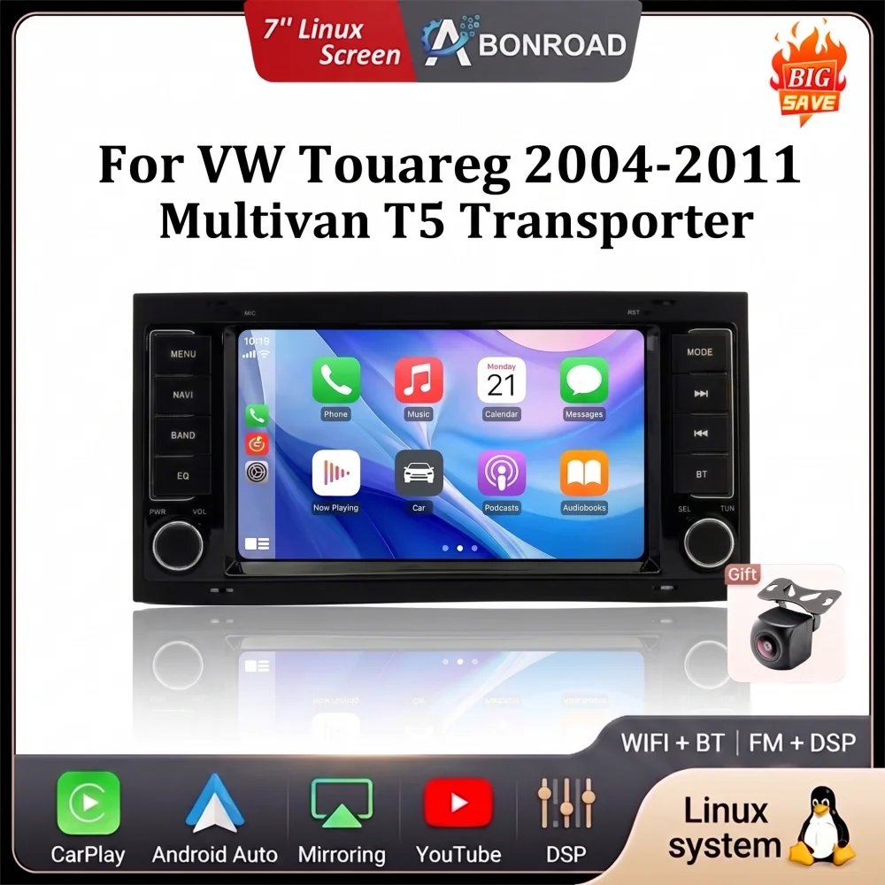 7 Inch Linux Car Radio for Vw Volkswagen Touareg Multivan T5 Transporter 2004-2011 With Wireless Carplay Android Auto GPS Youtube Intelligent Multimedia DSP RDS Rear Camera