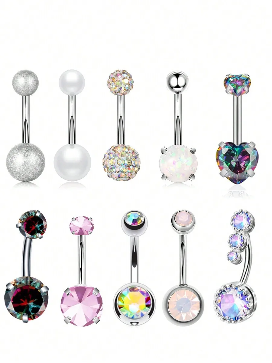 

10pcs Surgical Steel Navel Piercing Jewelry Set With Assorted CZ Crystals, Pearls, Opals And Heart Charms For Women