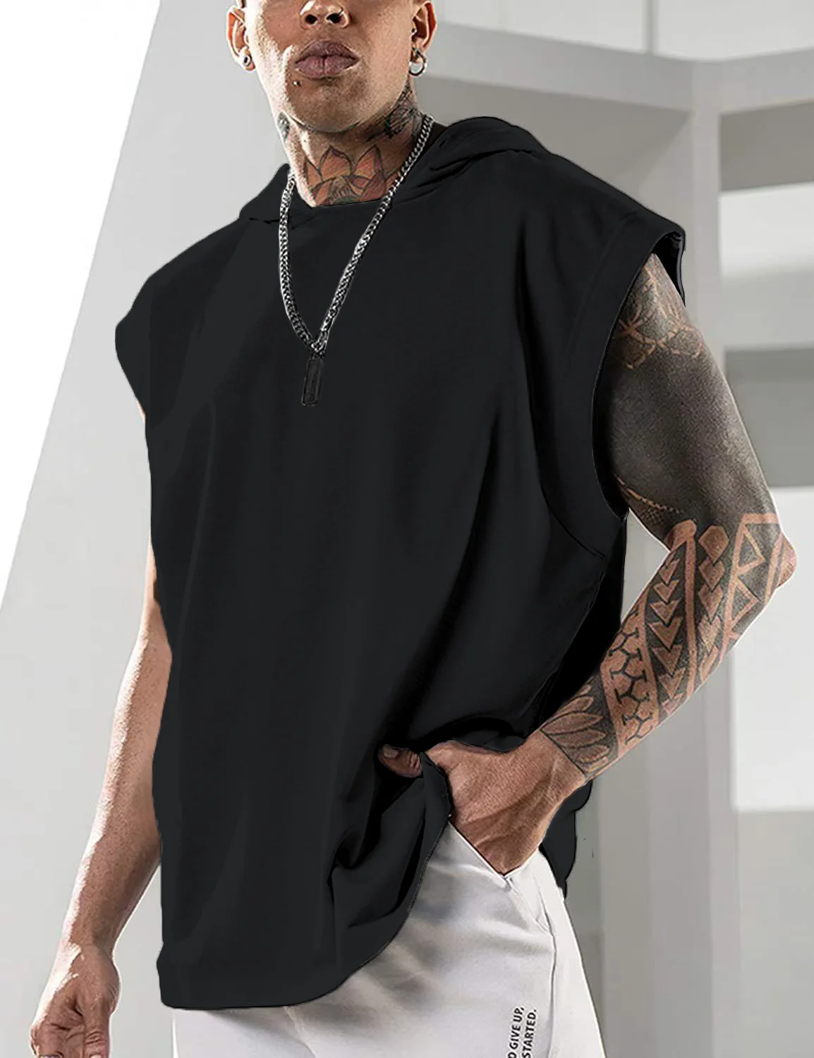 

Europe and the United States new summer men's sports sleeveless hooded vest leisure sports top T-shirt