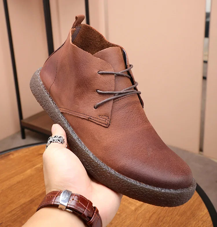 High Ankle Casual Walking Sneakers Top Layer Cowhide Soft Leather TPR Sole  Men's Botas Spring Short Boots Outdoor Camp Shoes