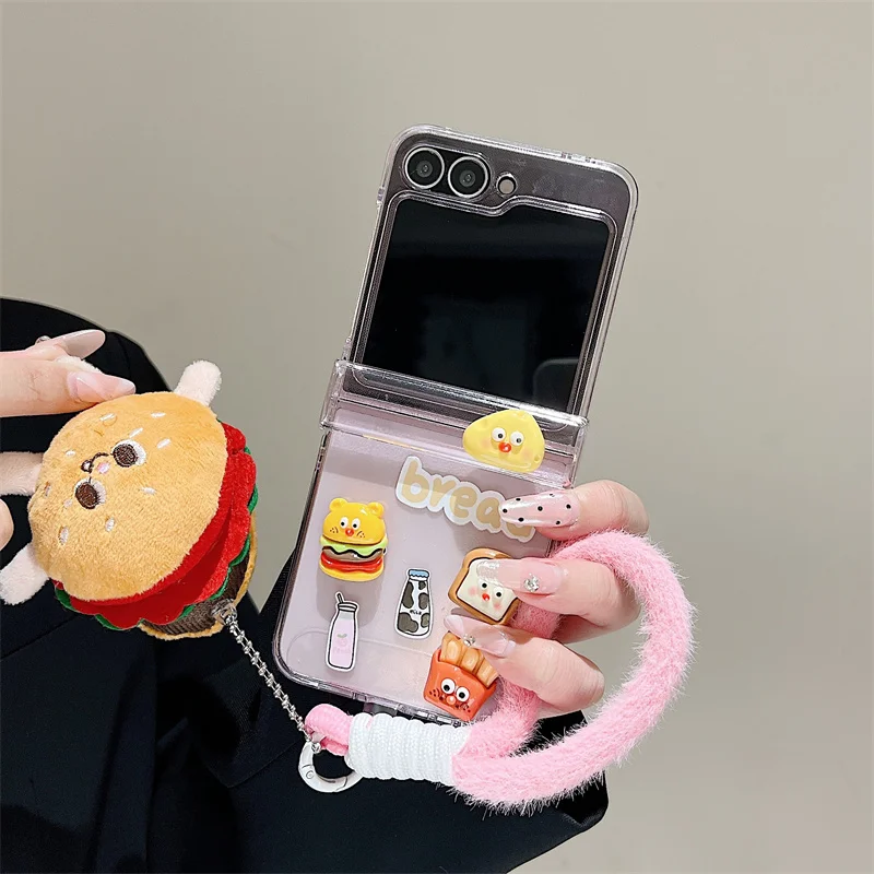 Kawaii Hamburg Hinge Phone Case For Samsung Galaxy Z Flip 6 5 4 3 Z Flip4 Flip5 Flip6 Cover with Plush Hand Strap Clear Cases