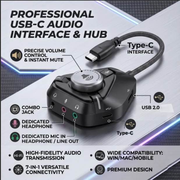 

Multi-Port USB Audio Adapter: USB + Type-C Expansion, Stereo Sound Card with Independent Volume Control & Mic Switch